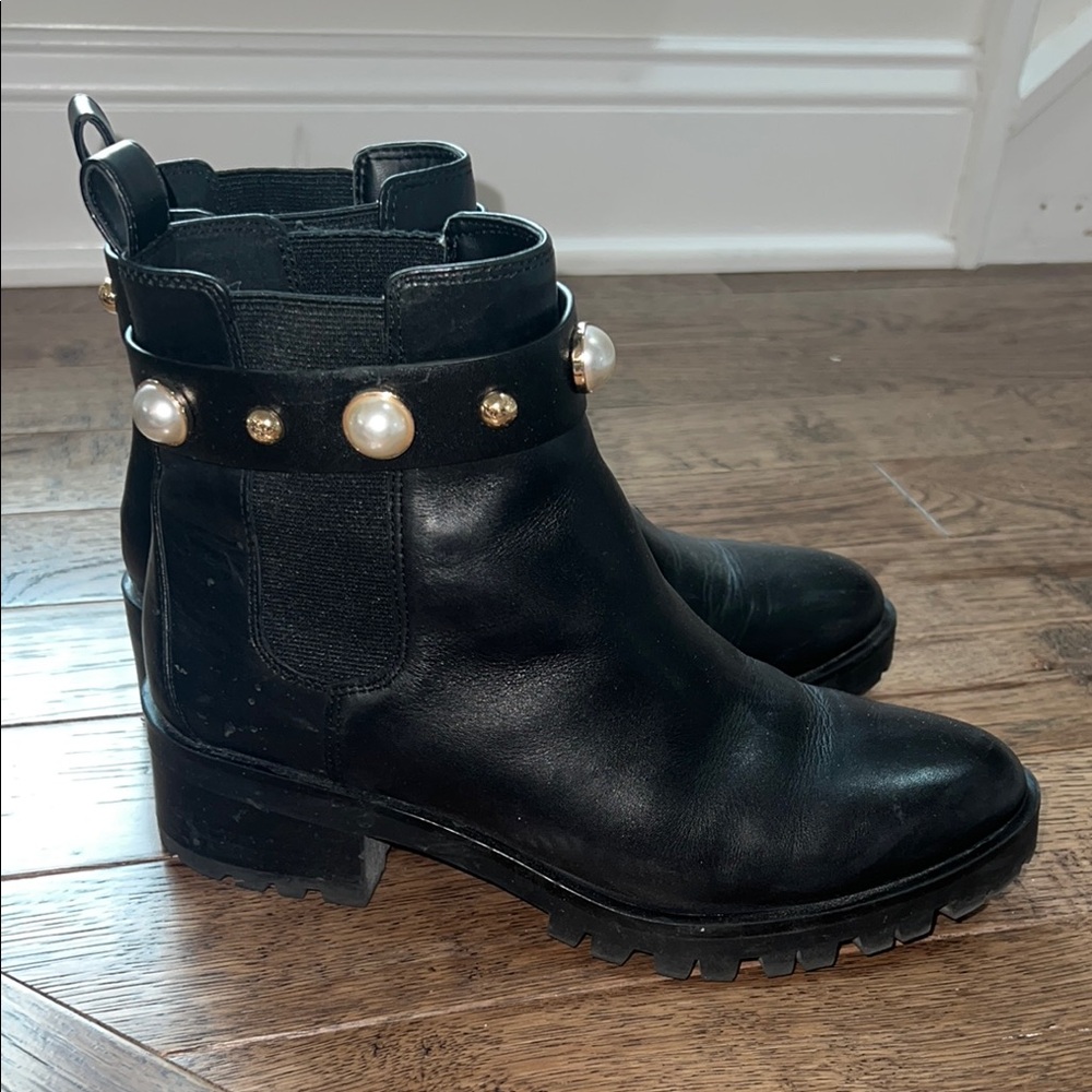 Karl Lagerfeld Black Leather Ankle Boots with Pearl Accents